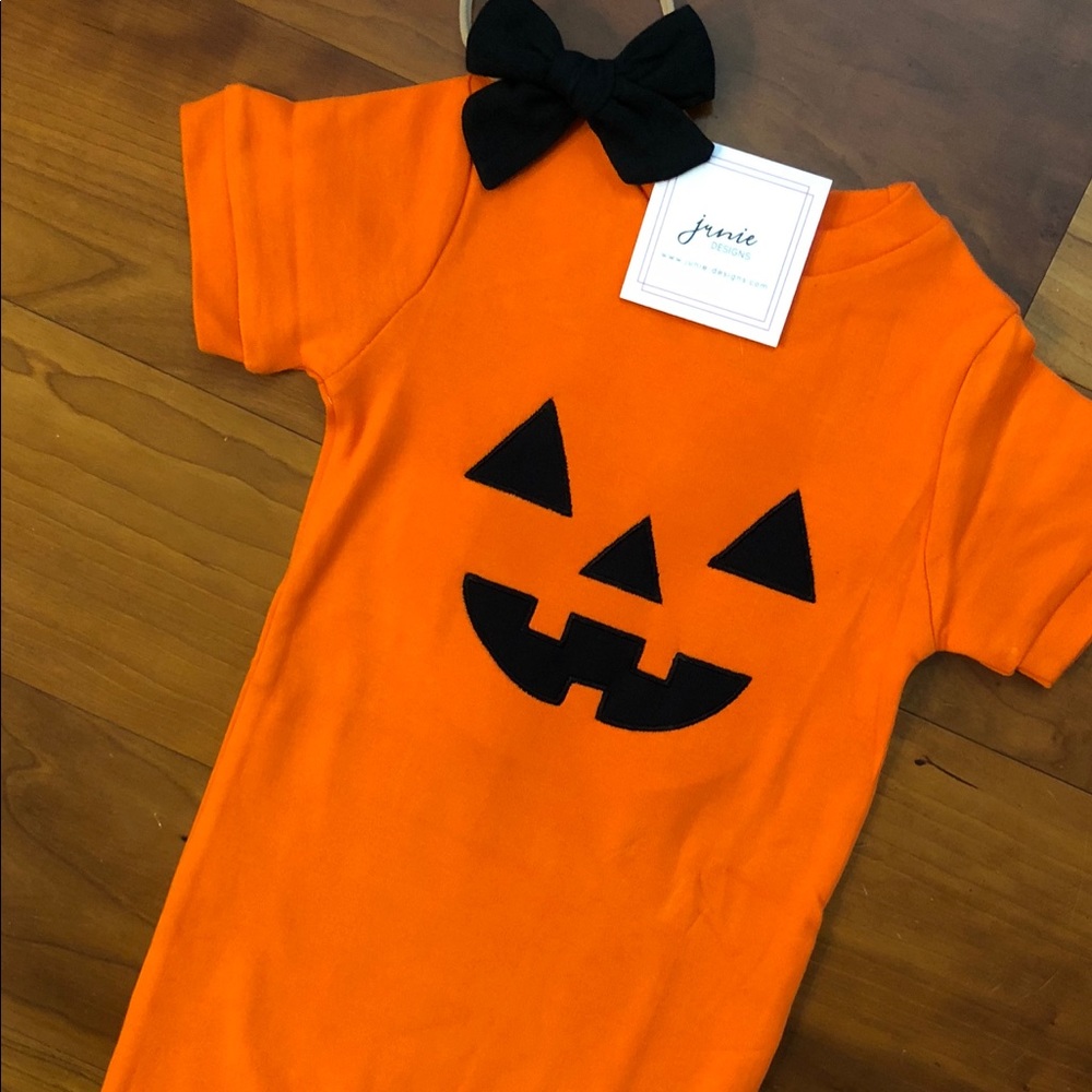 12 months orange romper with jackolantern face